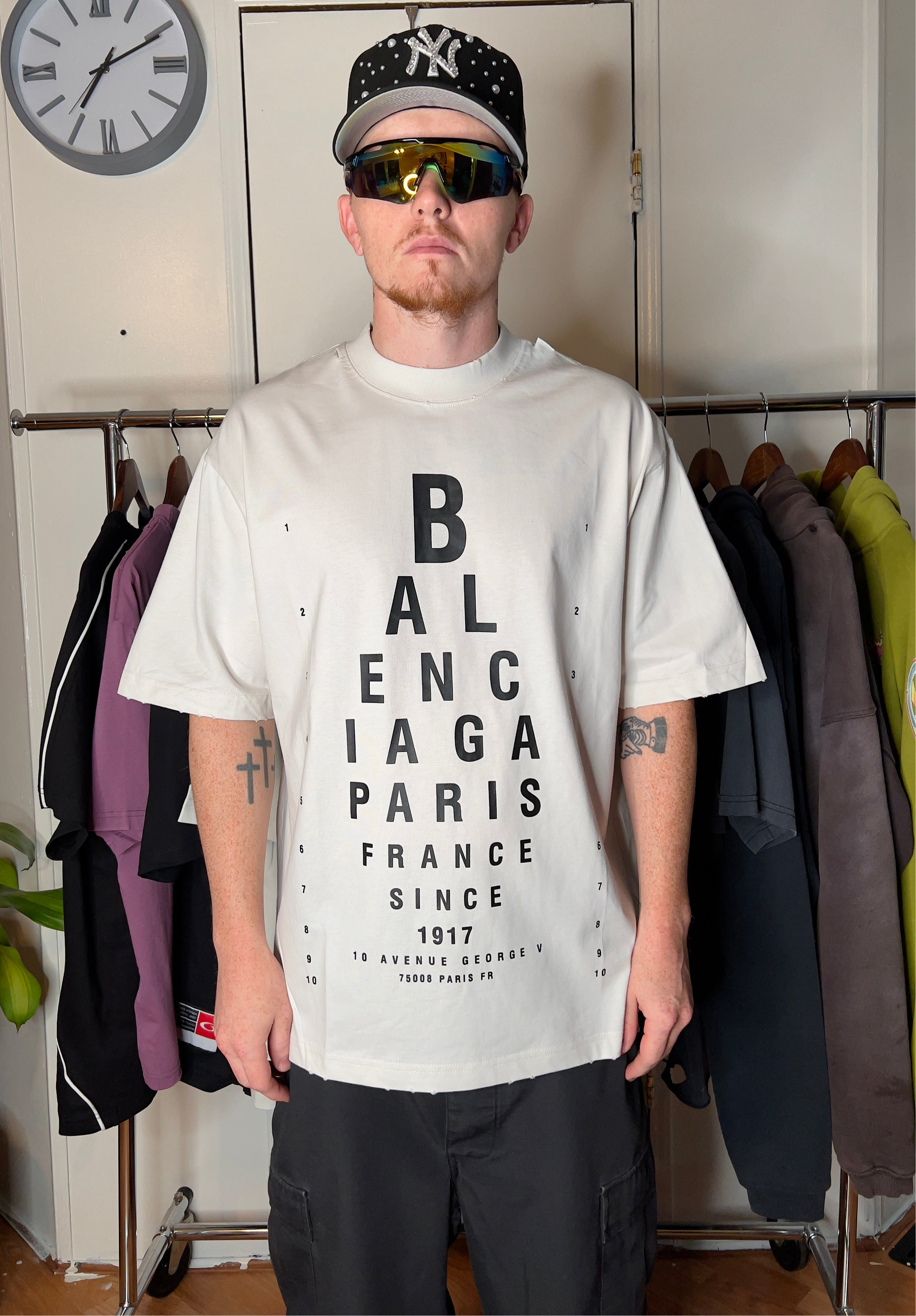 Thrashed Balenciaga Optical Logo Oversized T-Shirt